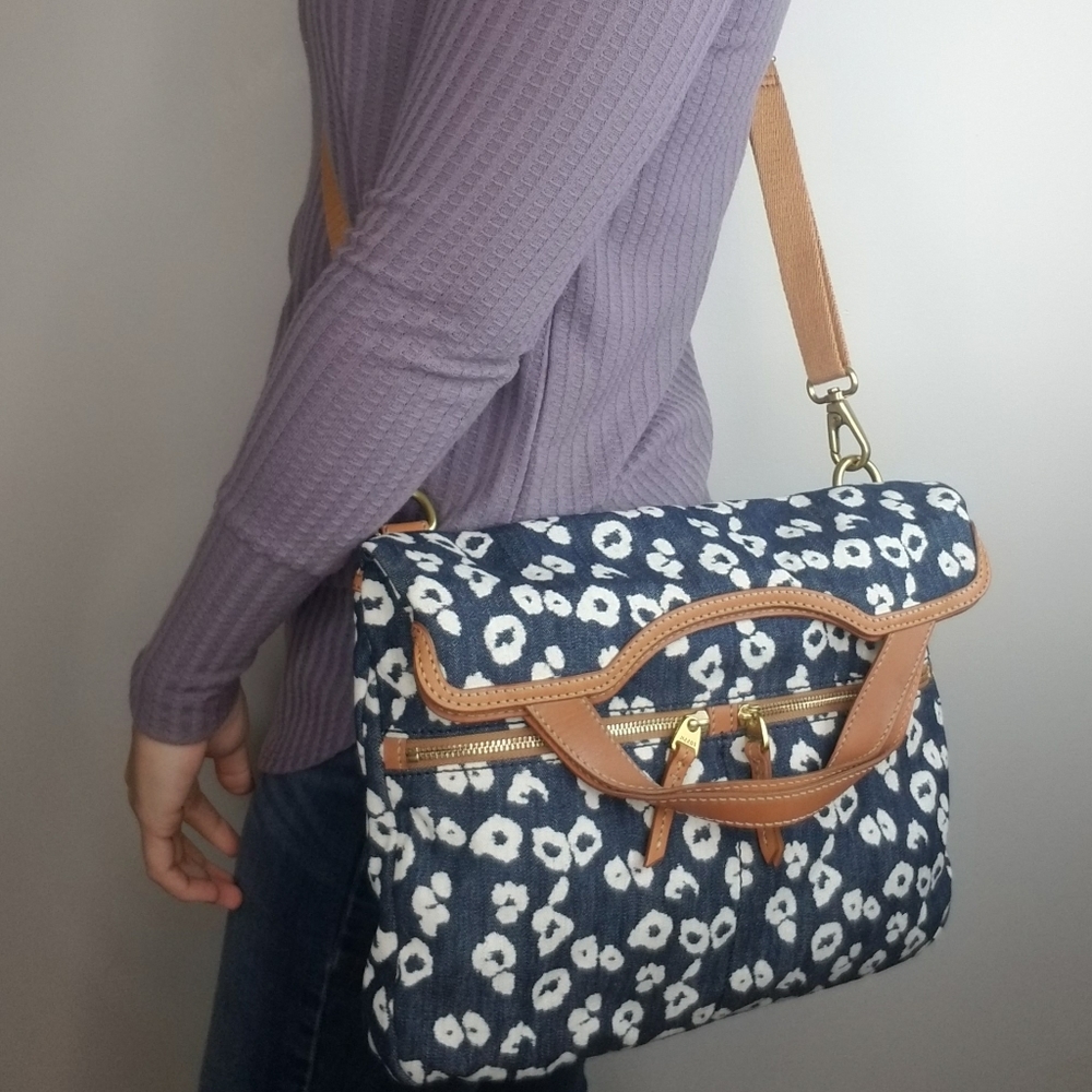 Fossil Leopard Crossbody Handbag Leather Blue
